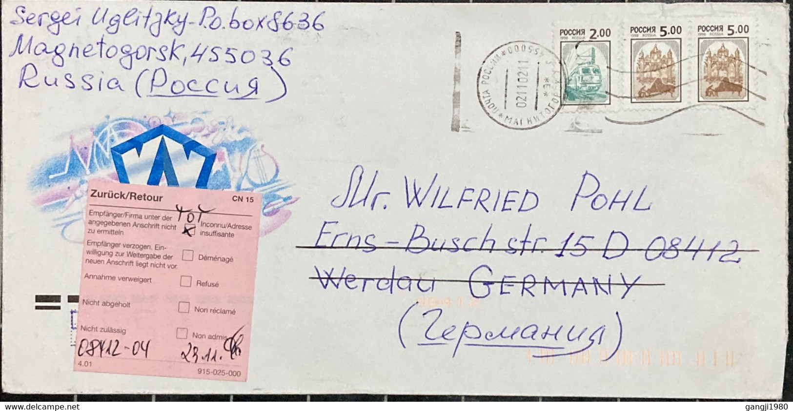 RUSSIA 2002, STATIONERY COVER USED TO GERMANY,RETURN TO SENDER LABEL,RAILWAY, BUILDING, MAGNITOGORSK TOWN CANCEL - Briefe U. Dokumente