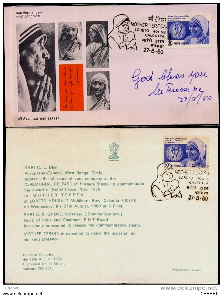 SAINT MOTHER TERESA- AUTOGRAPHED FDC ON 17.8.1980 WITH INVITATION CARD- INDIA-1980-UNIQUE-RARE-BX3-3 - Mère Teresa