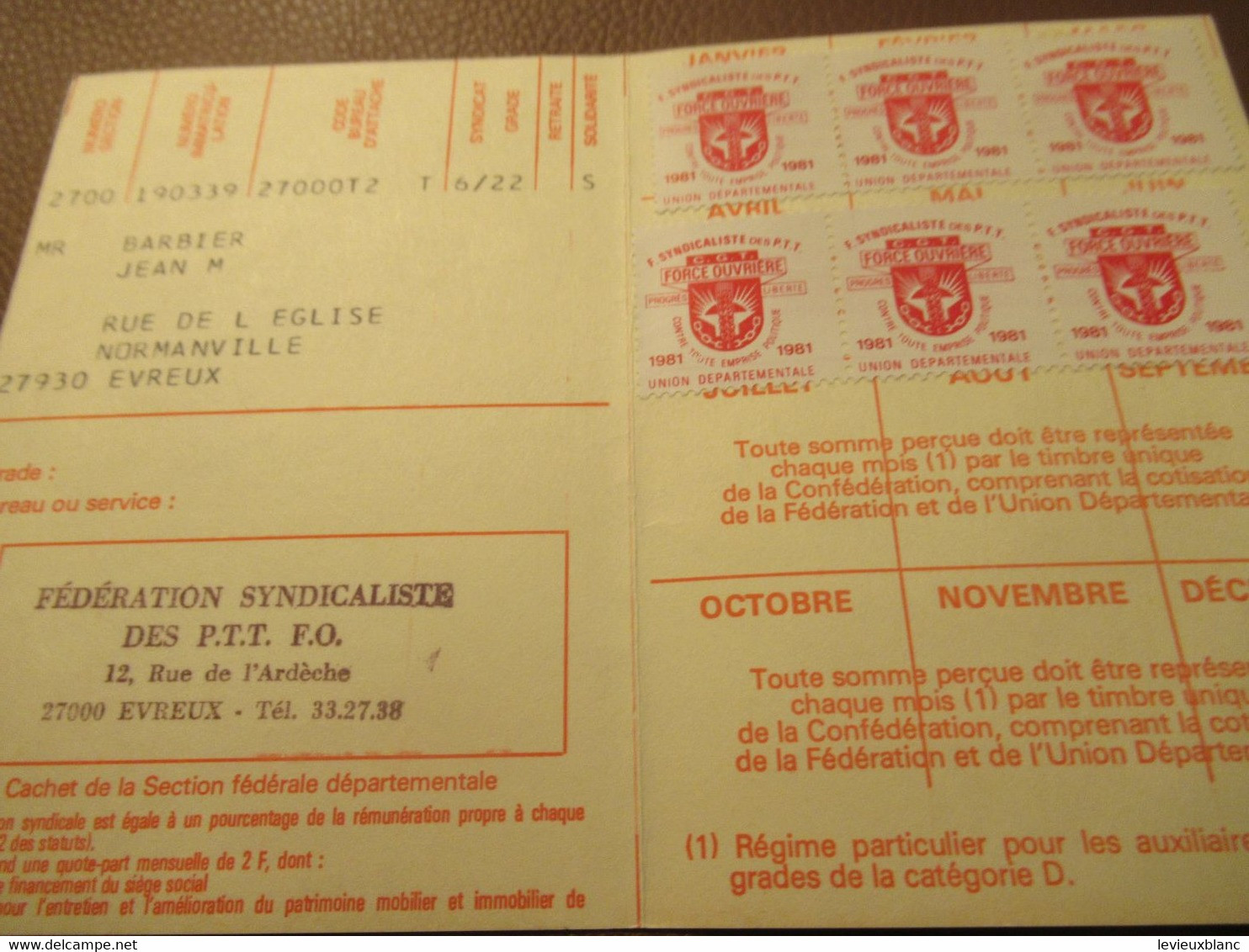 Carte Syndicale/F.O../ Carte Confédérale/Fédération Syndicaliste Des Travailleurs Des P.T.T./1981        AEC231 - Cartes De Membre