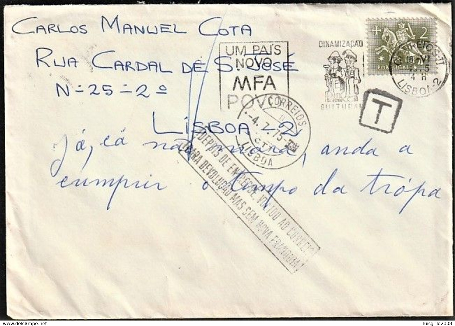 Postage Due / Tax - Porteado / Multa (T) + Devolvido Ao Remetente -|- Portugal, 1975 - Covers & Documents