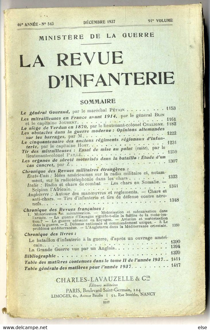 LA REVUE D INFANTERIE DECEMBRE 1937  PAGES  1154 A 1428  -  BROCHE 234 PAGES N° 543 + NOMBREUSES PAGES PUBLICITAIRES - Français