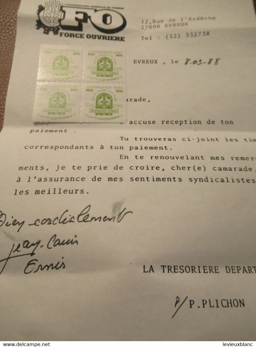 F.O../4 Timbres D'adhésion Mensuelle/+ Courrier FO /Fédération Syndicaliste Des Travailleurs Des P.T.T./1988   AEC238 - Mitgliedskarten