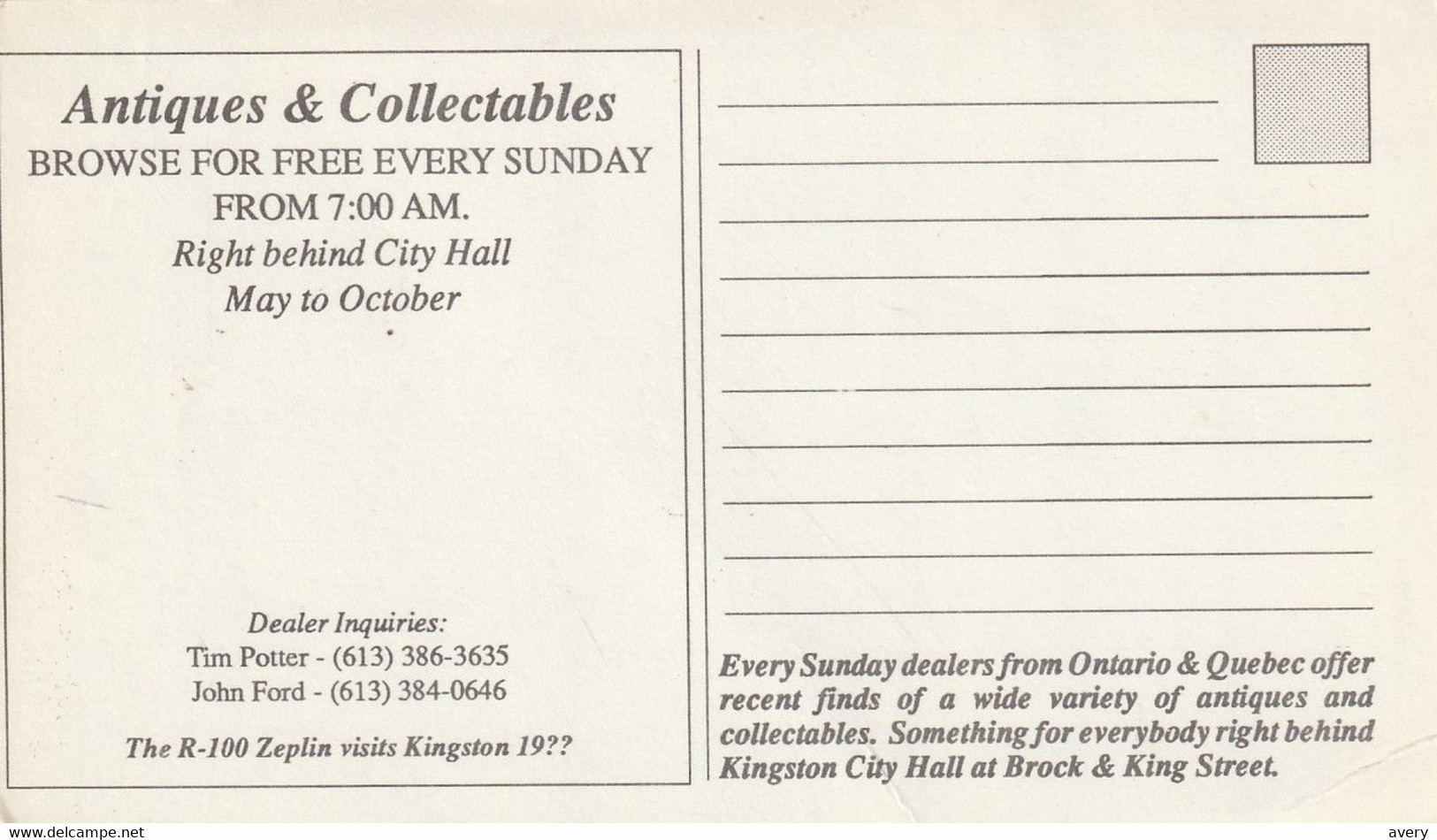Kingston, Ontario Advertisement For "Antiques & Collectables" Every Sunday Right Behind City Hall - Kingston