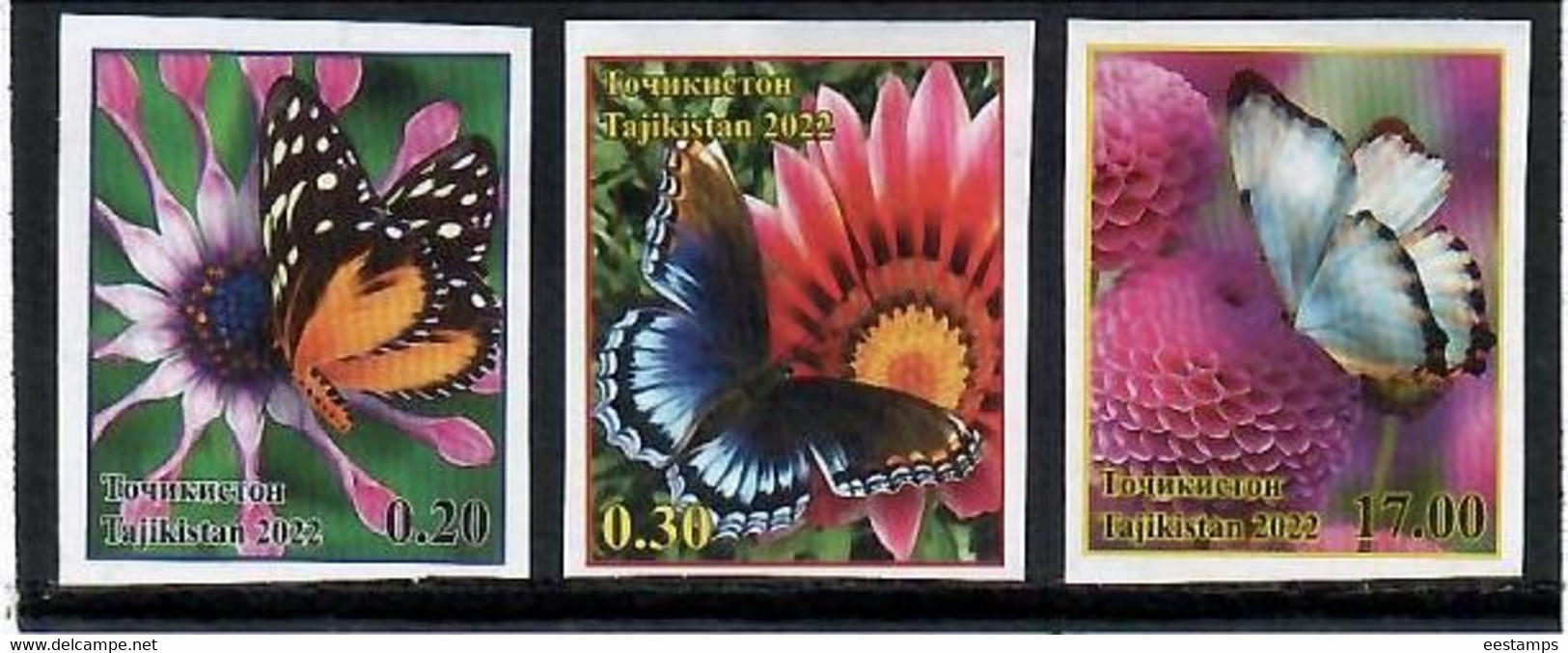 Tajikistan 2022 . Flowers, Butterflies.Imperf. 3v. - Tadschikistan