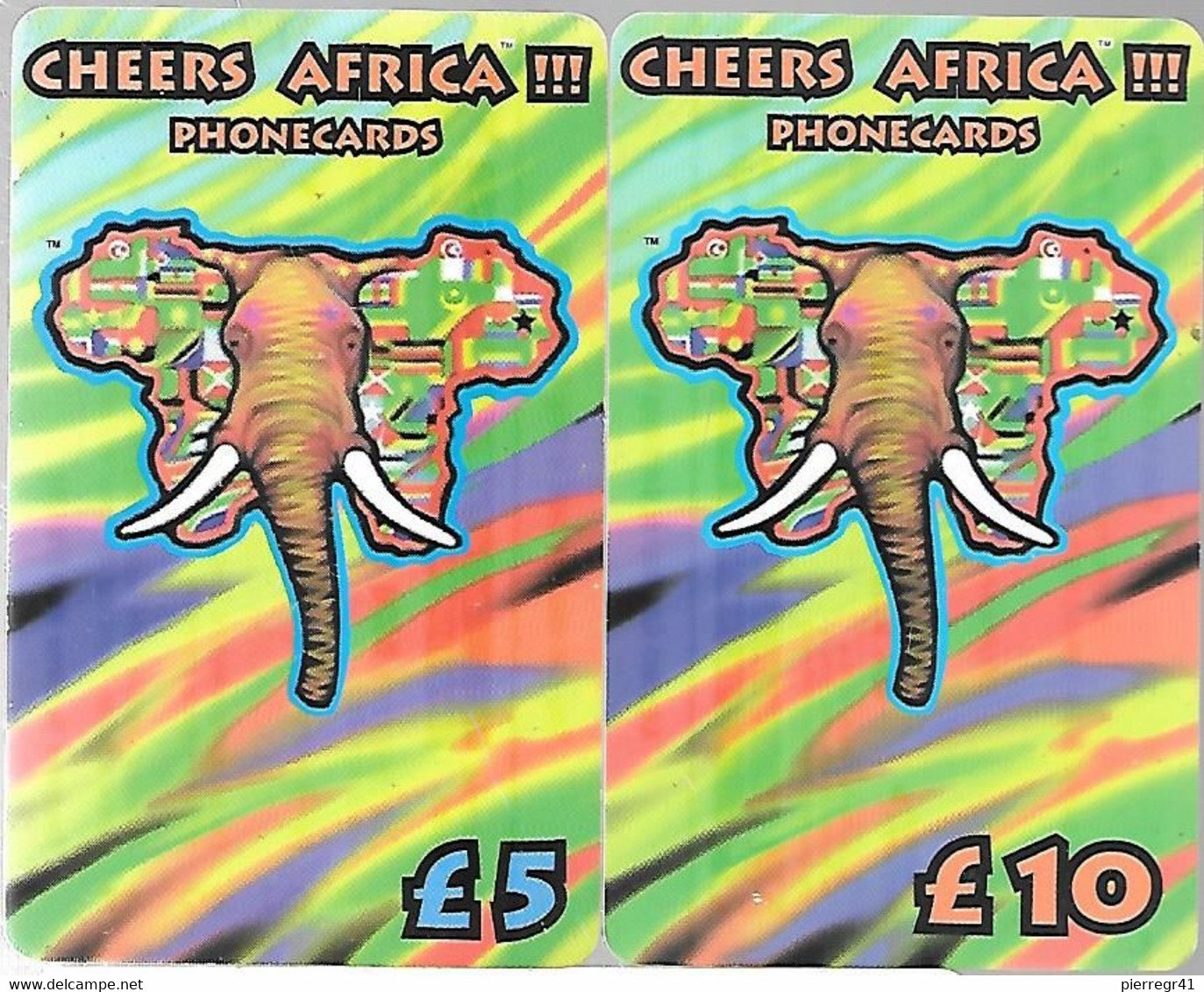 2-CARTES-PREPAYEES-GB-5 &10£-CHEERS AFRICA-ELEPHANTS-Plastic Fin-Mat-Gratté-TBE/RARE - Selva