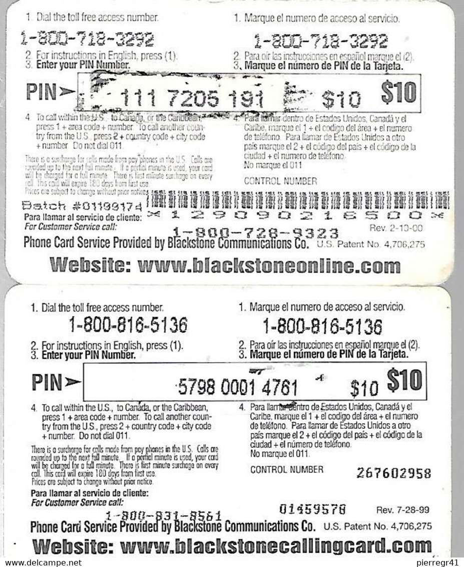 2-CARTES- PREPAYEES-USA-10$-BLACKSTONE-Plastic-T BE-RARE - AT&T