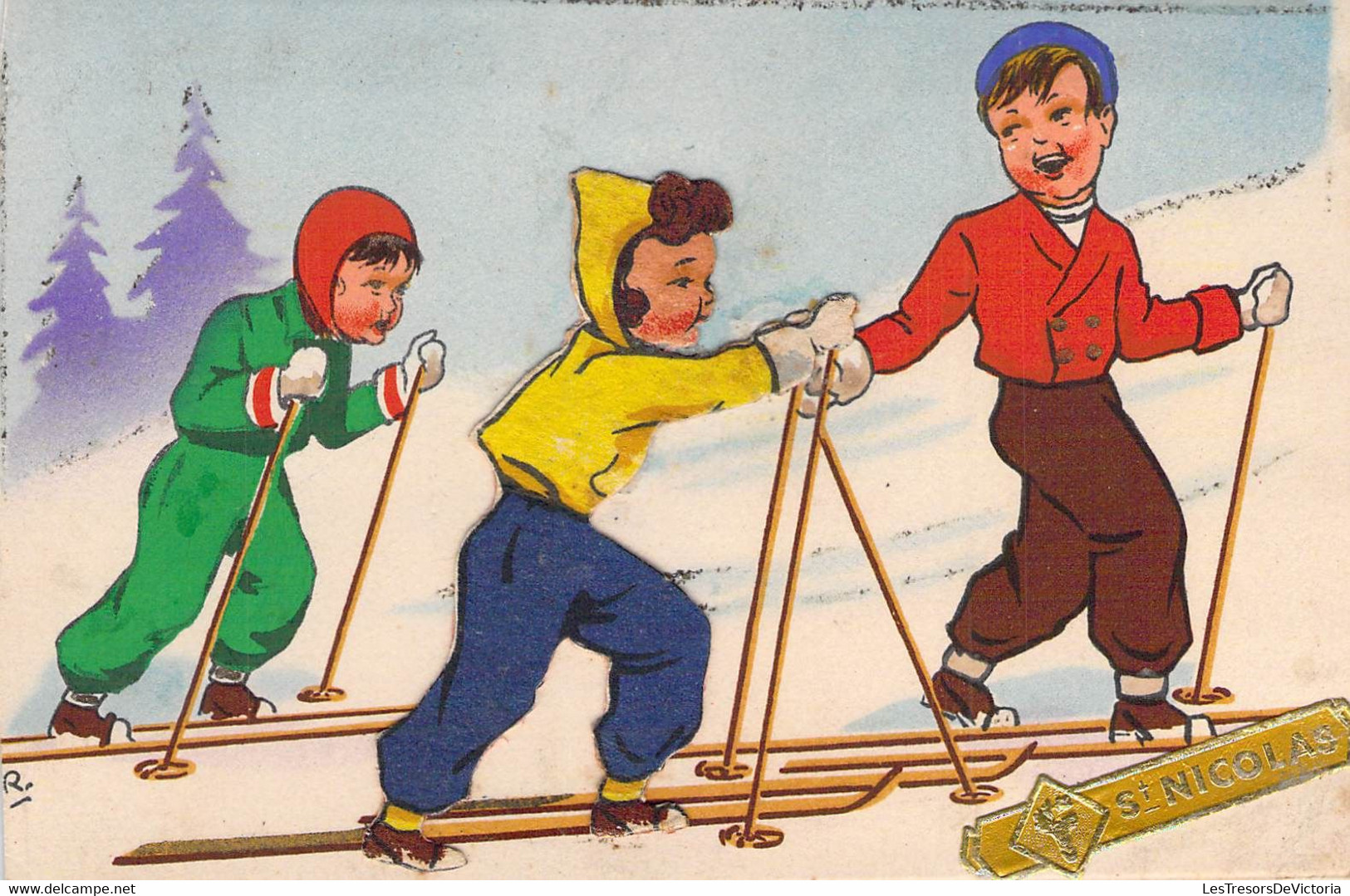 CPA Fête - Saint Nicolas - Illustration De Trois Jeunes Skieurs - Relief - 613 - Nikolaus