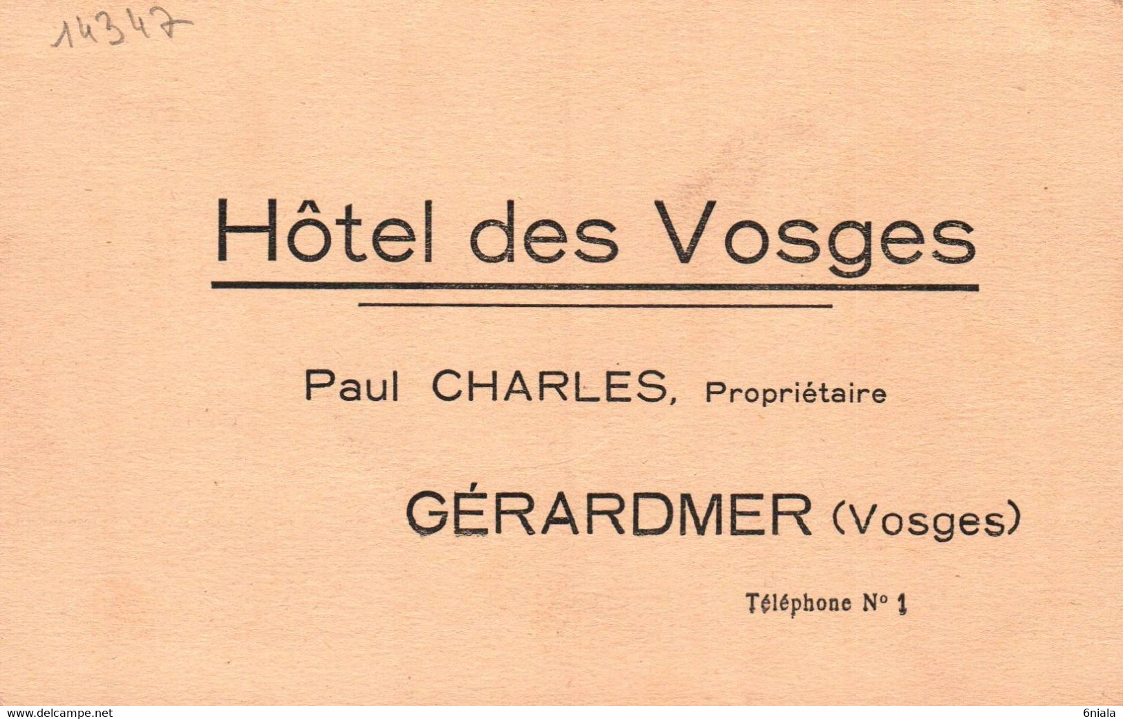 14347  GERARDMER  PUB  Hôtel Des Vosges  Paul Charles Propriétaire  Publicité   (Recto-verso) 88 - Gerardmer