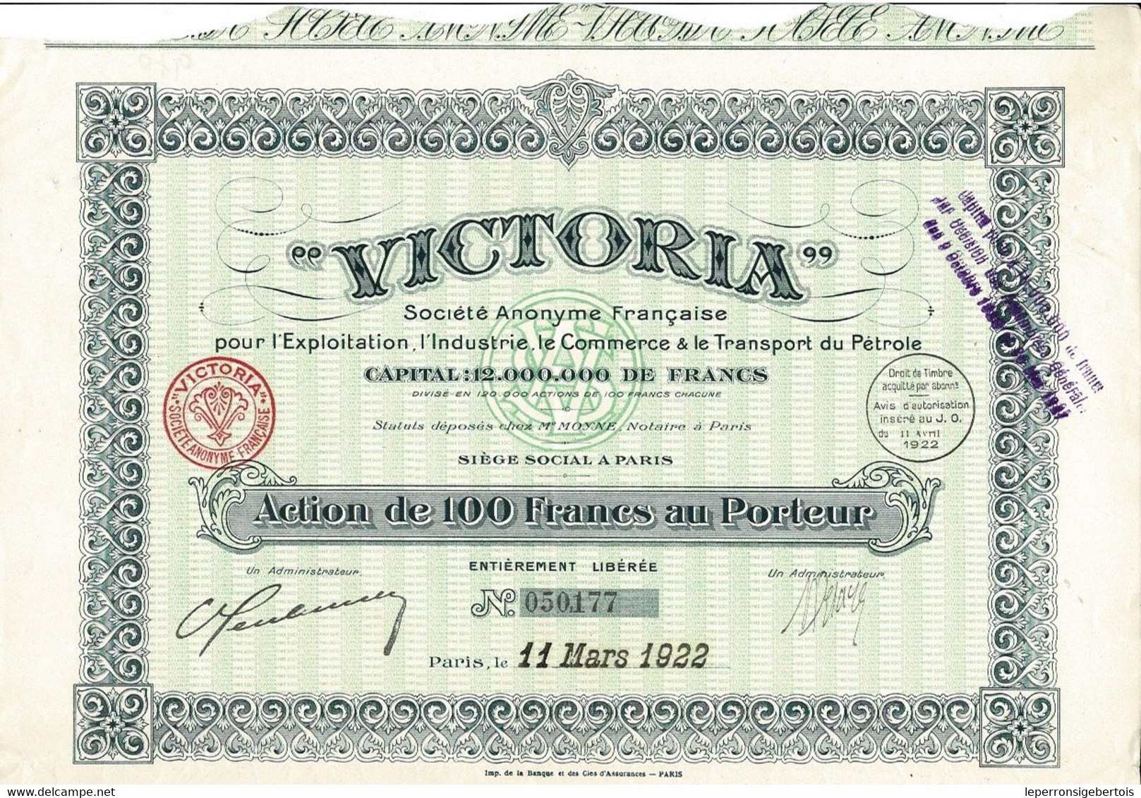 Titre De 1922 - VICTORIA - Sté Anonyme Française Pour L'Exploitation, L'Industrie, Le Commerce & Le Transport Du Pétrole - Oil