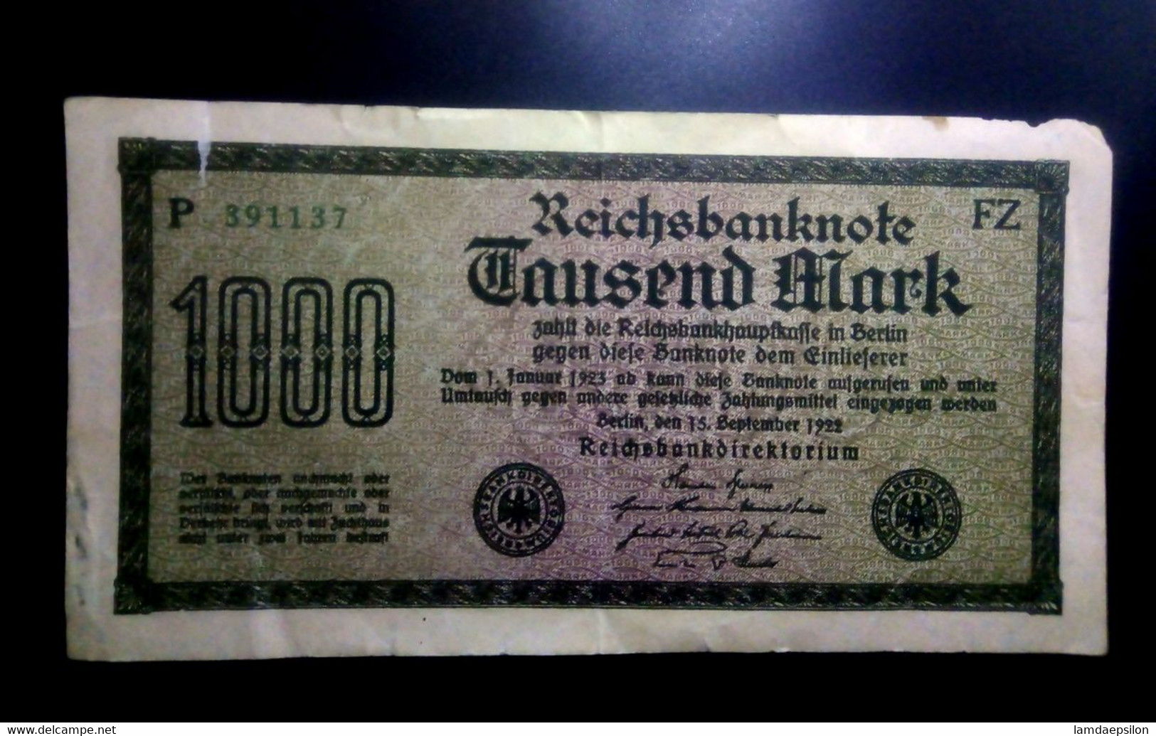 A6  ALLEMAGNE   BILLETS DU MONDE   GERMANY  BANKNOTES  1000 MARK 1922 - Collezioni