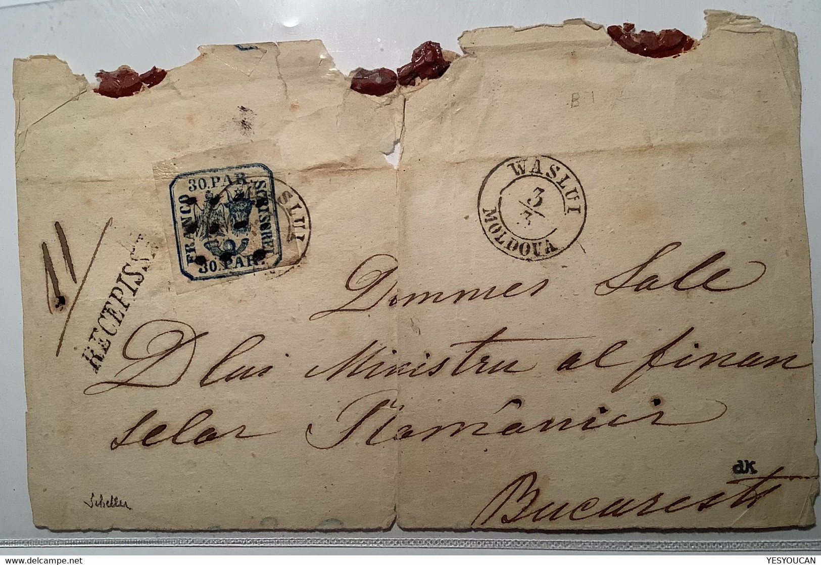 1862 UNIQUE WASLUI MOLDOVA ROW OF DOTS CANCELLATION On RECEPISSE Cover Front Frkd Romania Moldavia 30 Parale - 1858-1880 Fürstentum Moldau