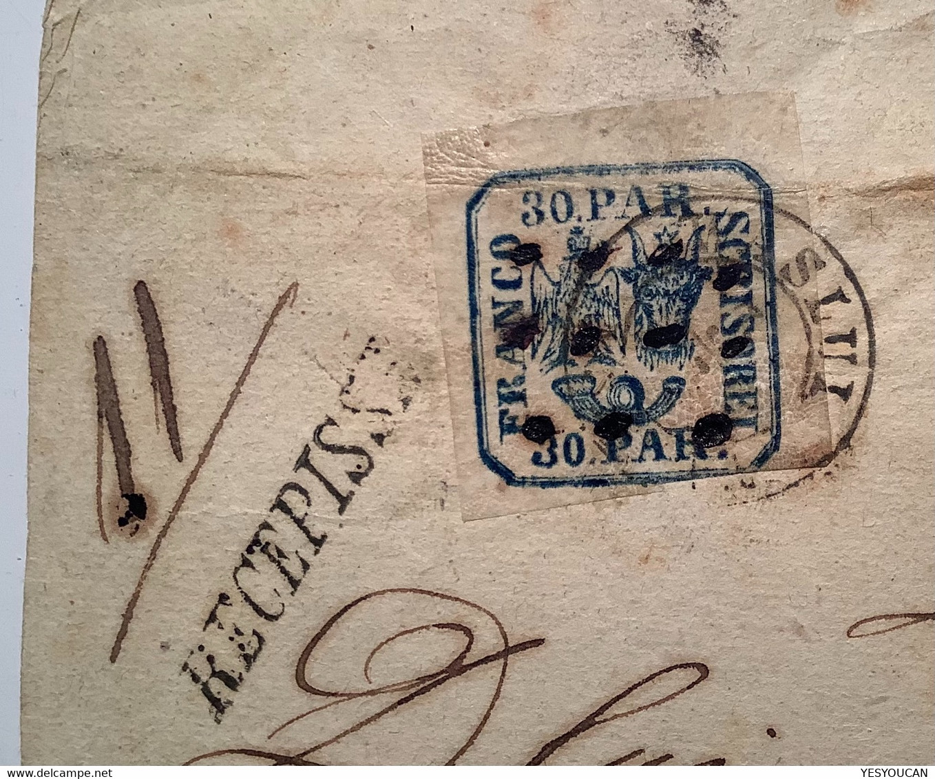 1862 UNIQUE WASLUI MOLDOVA ROW OF DOTS CANCELLATION On RECEPISSE Cover Front Frkd Romania Moldavia 30 Parale - 1858-1880 Moldavia & Principality