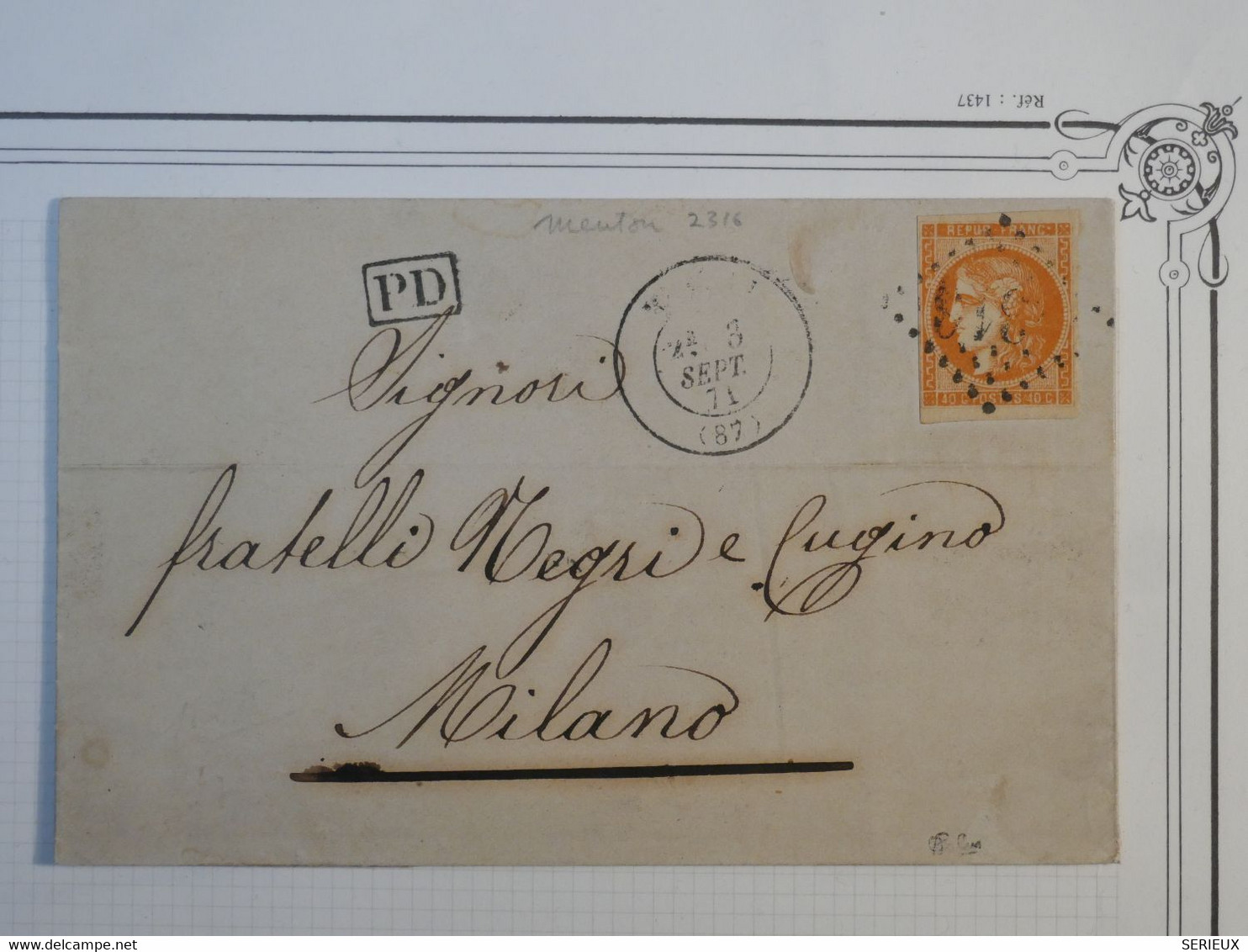 BG6 FRANCE BELLE LETTRE RARE SIGNEE  CALVES 3 SEPT 1871 MENTON A MILANO ITALIA +BORDEAUX N° 48  ++AFFR. INTERESSANT - 1870 Bordeaux Printing