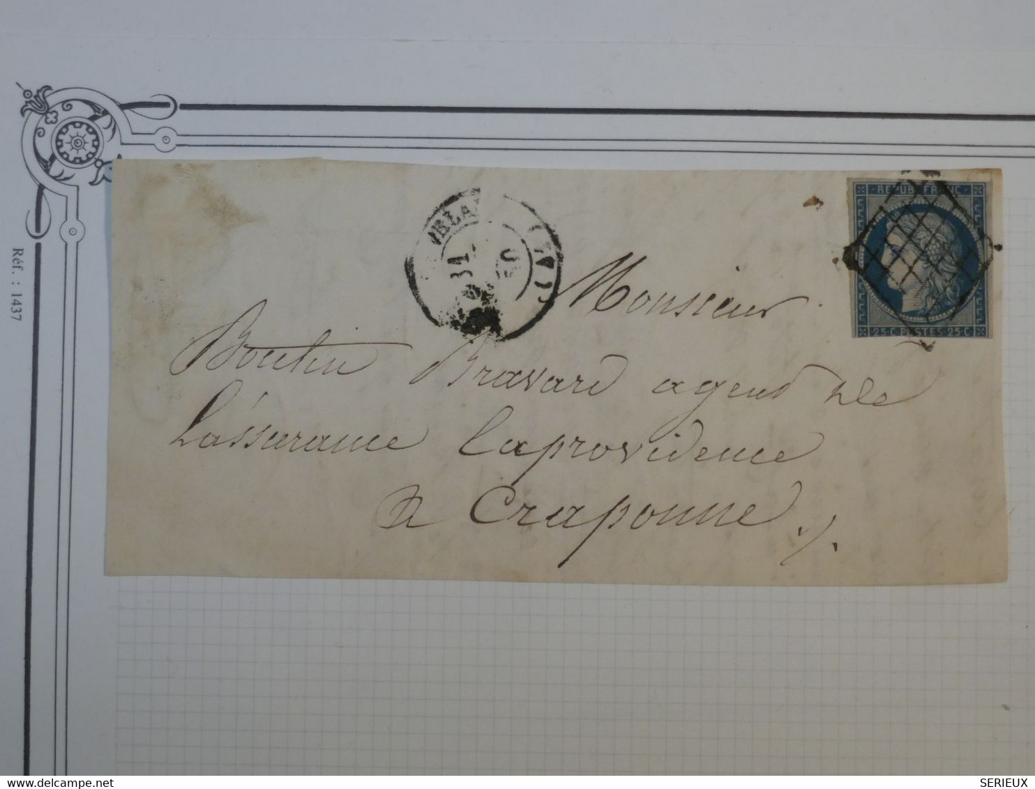 BG6 FRANCE  LETTRE DEVANT 20 08  1850 VELAY?  A CRAPOUNE ?    +CERES  N° 4 GRILLE  +++AFFR. INTERESSANT - 1849-1850 Ceres