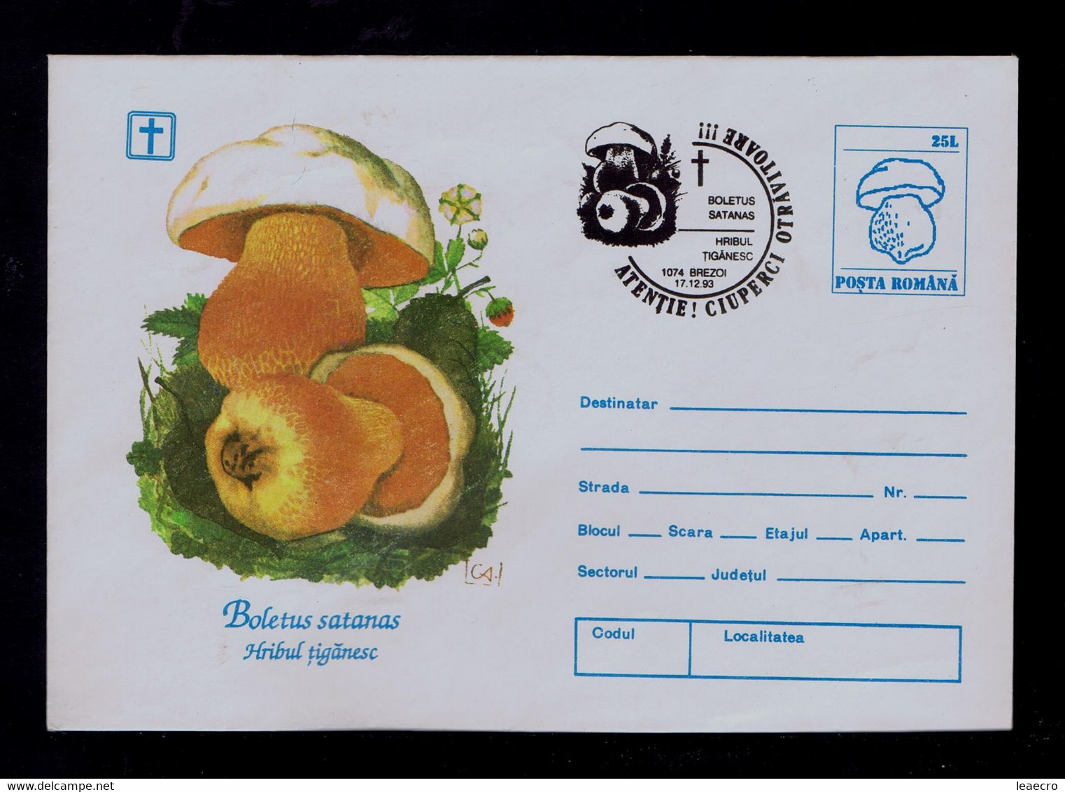 Gc7097 ROMANIA "danger Mushrooms -Satanas" Setas Champignons Plants Food Alimentation Used Cover Postal Stationery 1993 - Giftige Planten