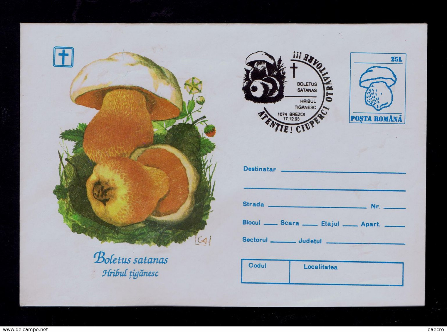 Gc7097 ROMANIA "danger Mushrooms -Satanas" Setas Champignons Plants Food Alimentation Used Cover Postal Stationery 1993 - Plantes Toxiques