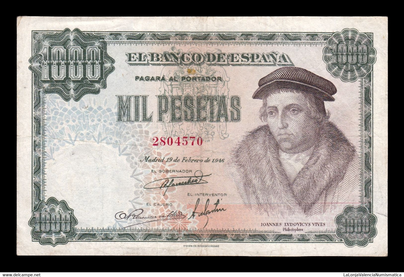 España Spain 1000 Pesetas Luis Vives 1946 Pick 133 MBC VF - 1000 Peseten