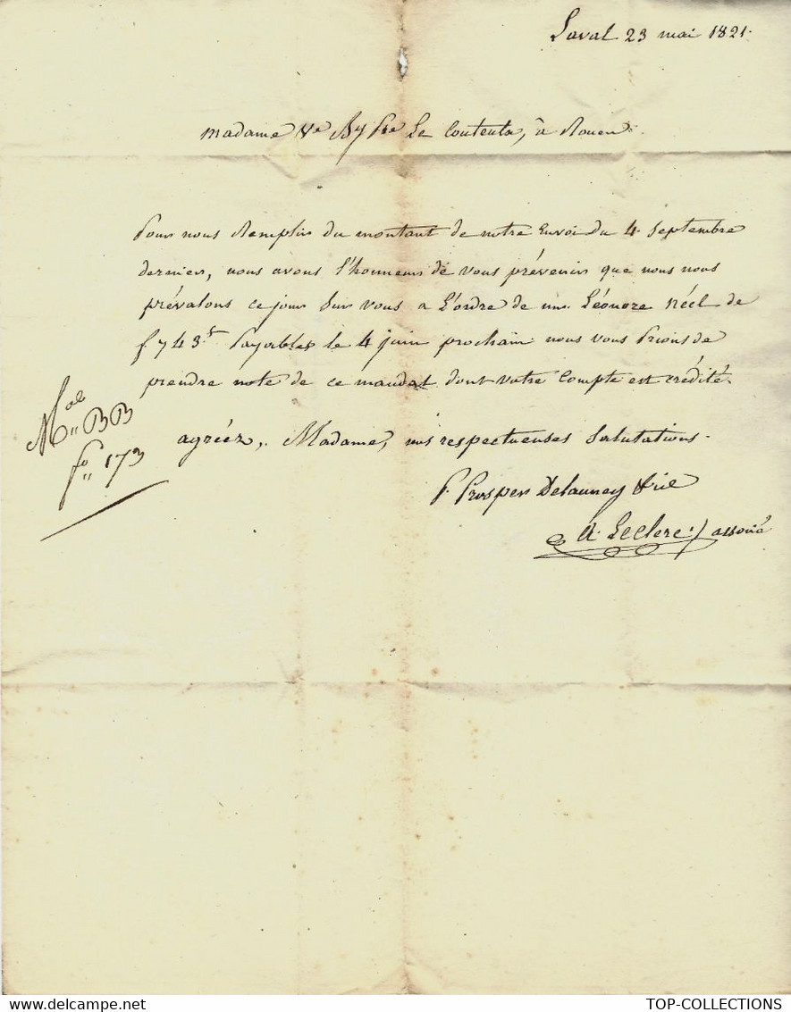 1821 De Laval Mayenne  Marque Postale 51 LAVAL  LETTRE  Prosper Delauney Négociant Homme Politique  => Le Couteulx Rouen - 1800 – 1899