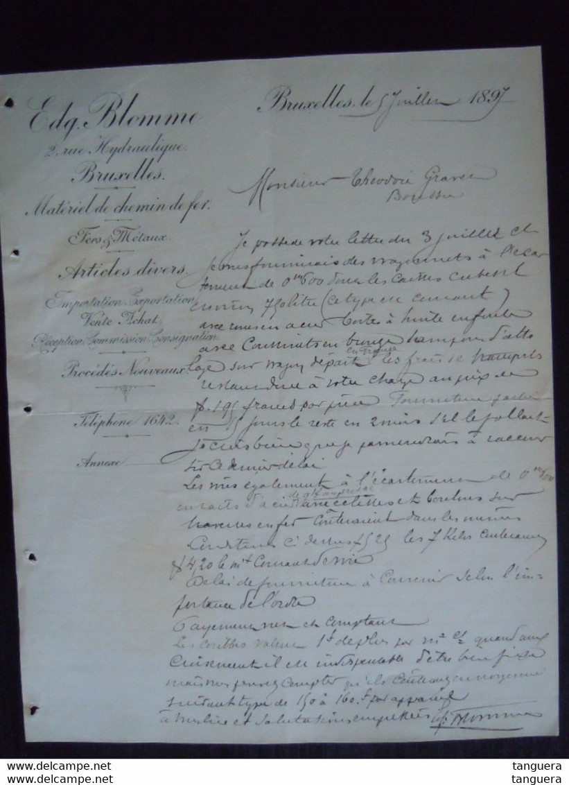 1897 Edg. Blomme Bruxelles Matériel De Chemin De Fer Lettre à Théodore Gravez Boussu - Verkehr & Transport