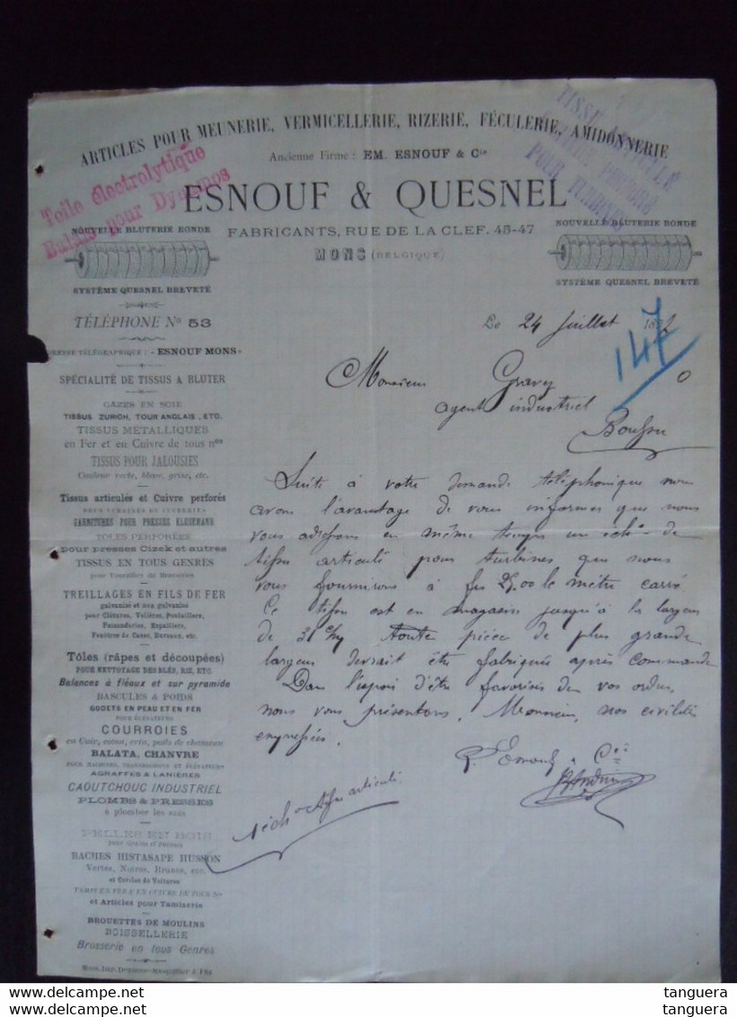 1897 Esnouf & Quesnel Mons Articles Pour Meunerie, Vermicellerie, Rizerie, Féculerie Lettre à Théodore Gravez Boussu - Food