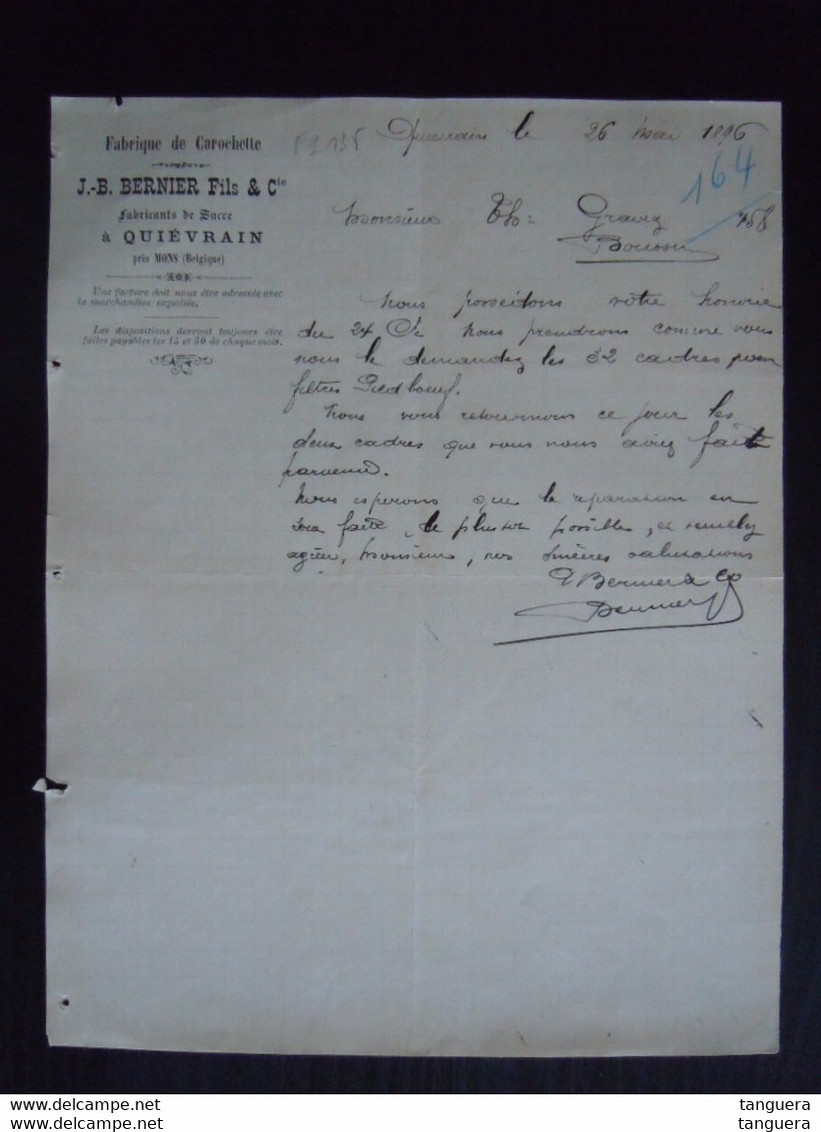 1896 J.B. Bernier Fils & Cie Fabrique De Carochette Quiévrain Fabricants De Sucre Lettre à Théodore Gravez Boussu - Alimentare