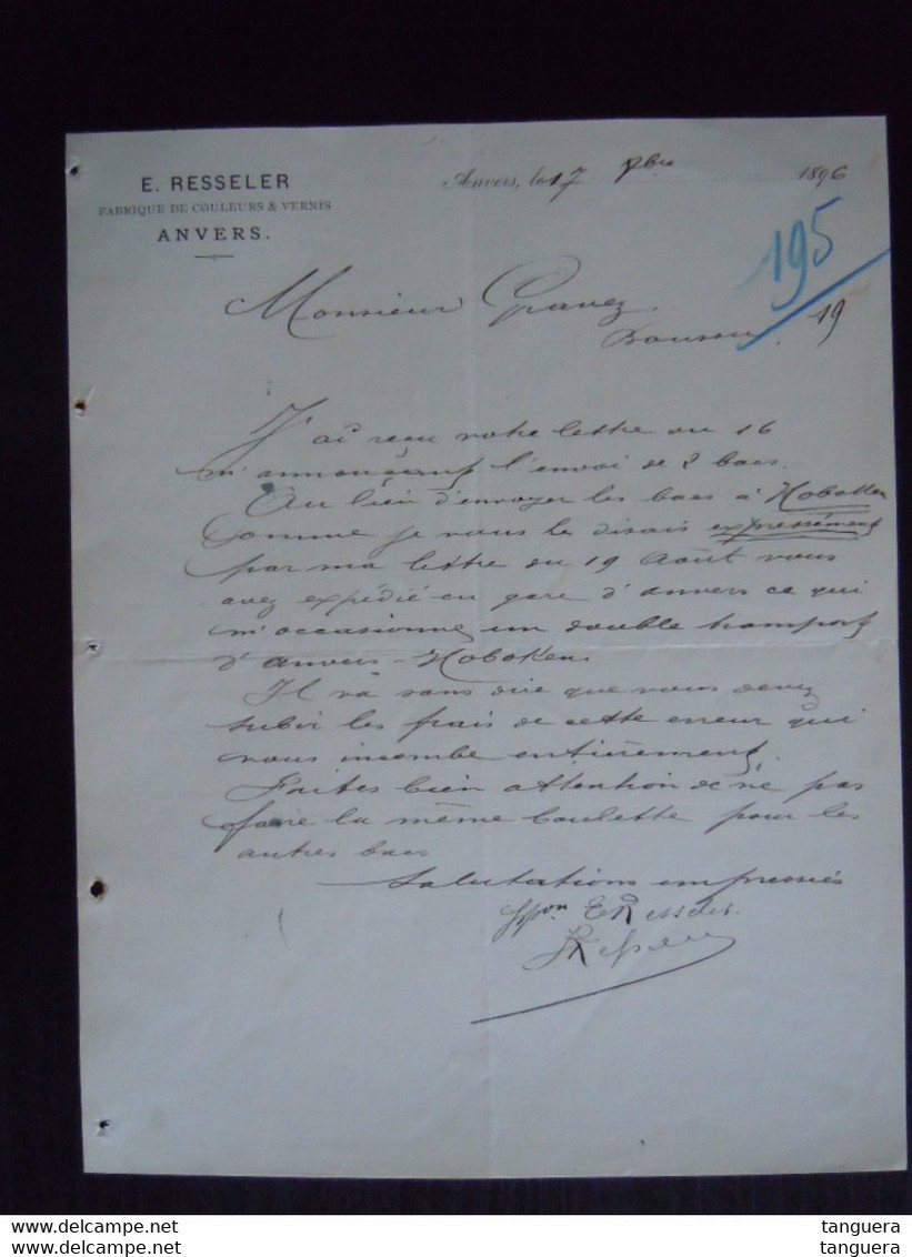 1896 E. Resseler Anvers Fabrique De Couleurs & Vernis Lettre à Théodore Gravez Boussu - Perfumería & Droguería