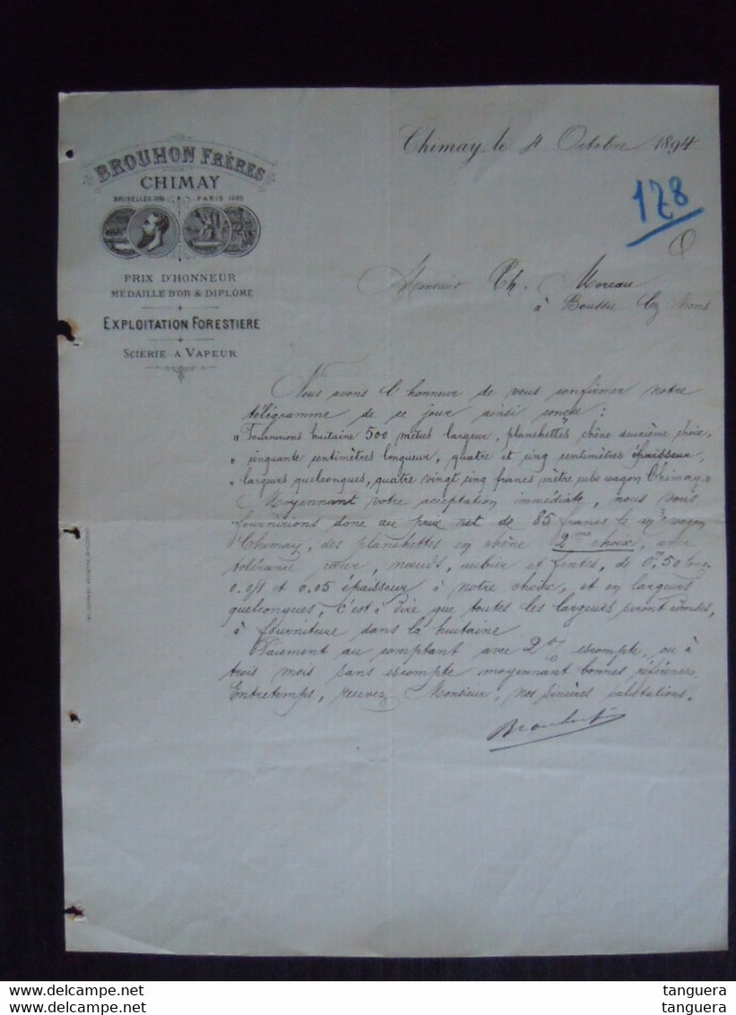 1894 Brouchon Frères Chimay Exploitation Forestière Scierie à Vapeur Lettre à Théodore Gravez Boussu - Landbouw