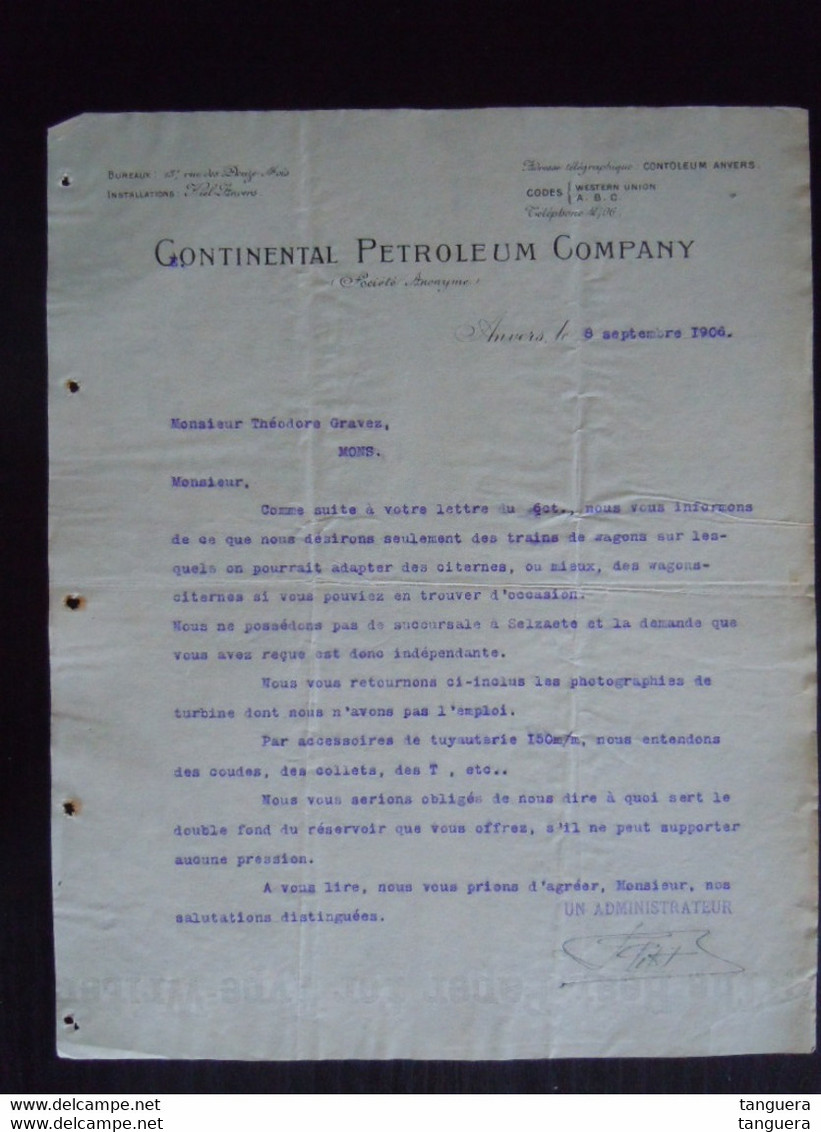 1906 Continental Petroleum Company Anvers Commande De Trains De Wagons Pour Citernes Lettre à Théodore Gravez à Mons - Verkehr & Transport