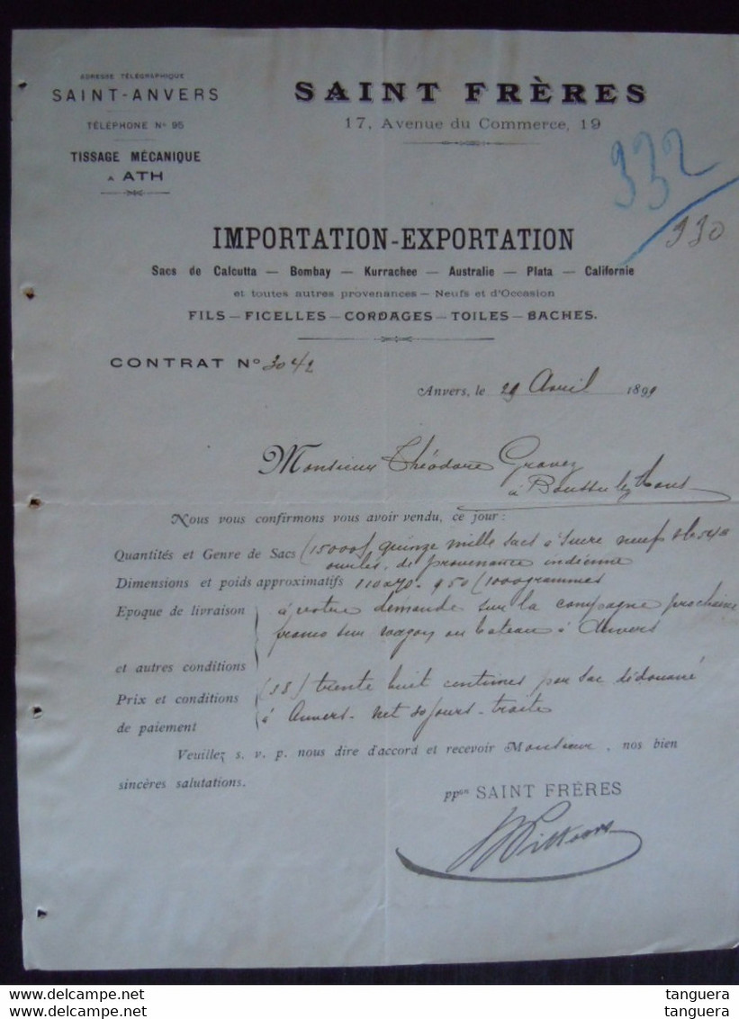 1899 Saint Frères Anvers Tissage Mécanique à Ath Fils Ficelles Cordages Toiles Baches Contract Théodore Gravez à Boussu - Vestiario & Tessile