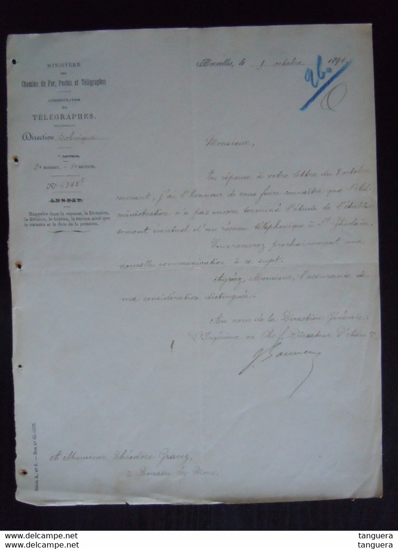 1894 Ministère Des Chemins De Fer, Postes Et Télégraphes Lettre Pour Théodore Gravez à Boussu - Verkehr & Transport