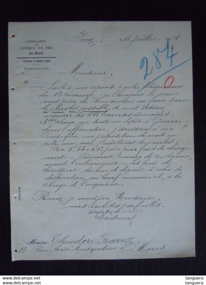 1904 Compagnie Des Chemins De Fer Du Nord Huy Lettre Pour Gravez à Mons Belgique - Trasporti