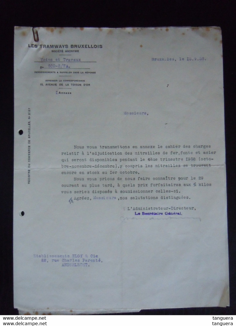 13.9.1938 Les Tramways Bruxellois Cahiers Des Charges Vente Vieux Materiaux Ferreux - Trasporti