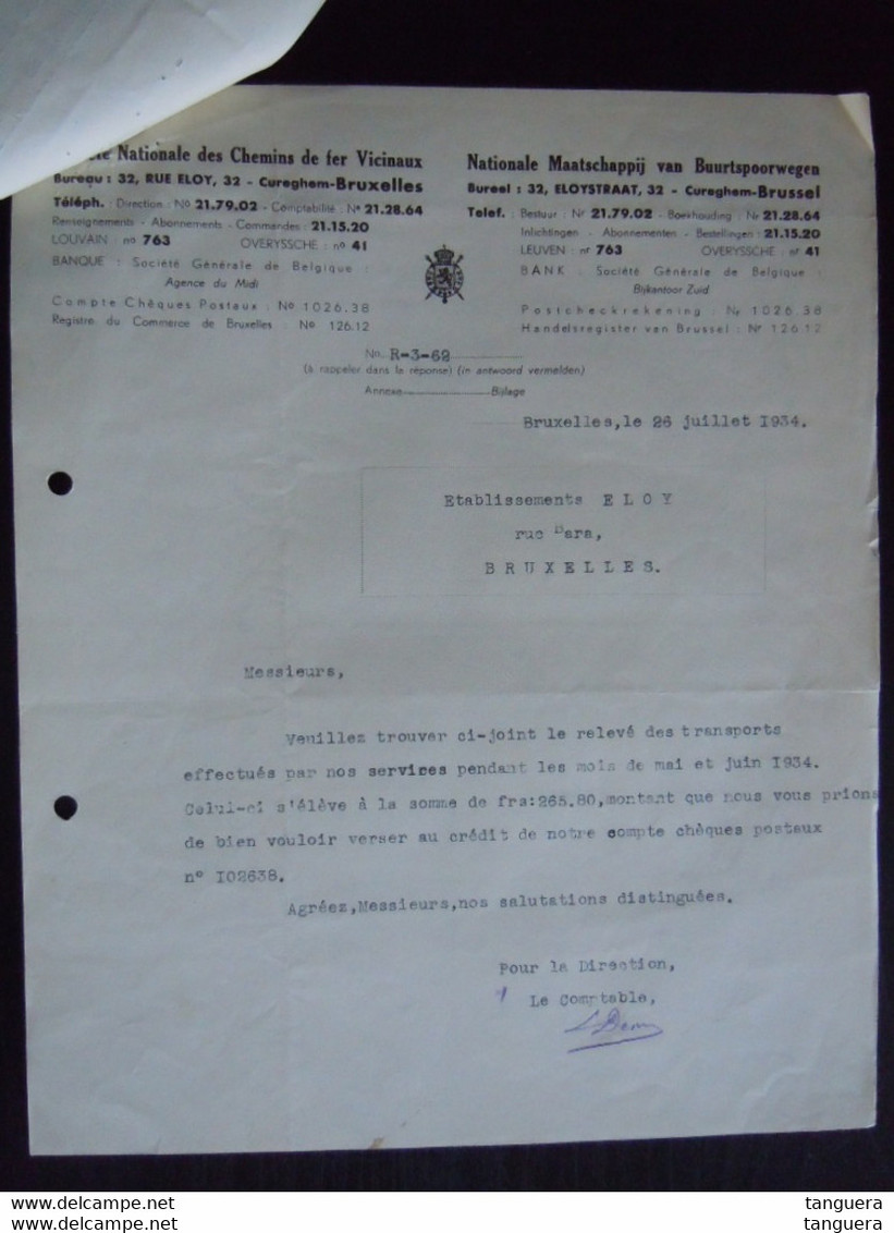 1934 Société Nationale Des Chemin De Fer Brabant Bruxelles Facture Relevé Des Transports Pour Ets Eloy - Verkehr & Transport