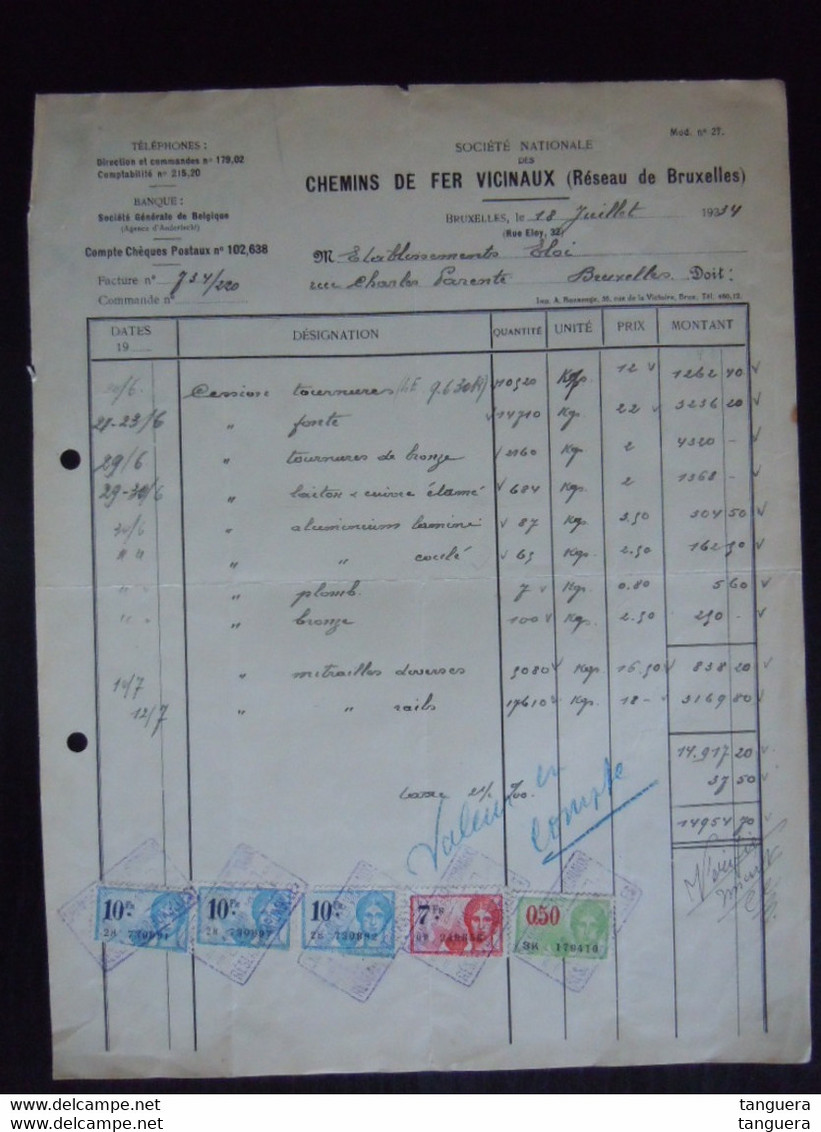 1934 Société Nationale Des Chemin De Fer Vicinaux Réseau De Bruxelles Facture Pour Ets Eloy Anderlecht Taxe 37.50 F - Transport