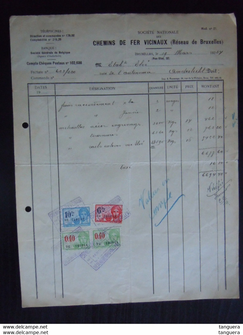 1937 Société Nationale Des Chemin De Fer Vicinaux Réseau De Bruxelles Facture Pour Ets Eloy Anderlecht Taxe 16.80 F - Transports