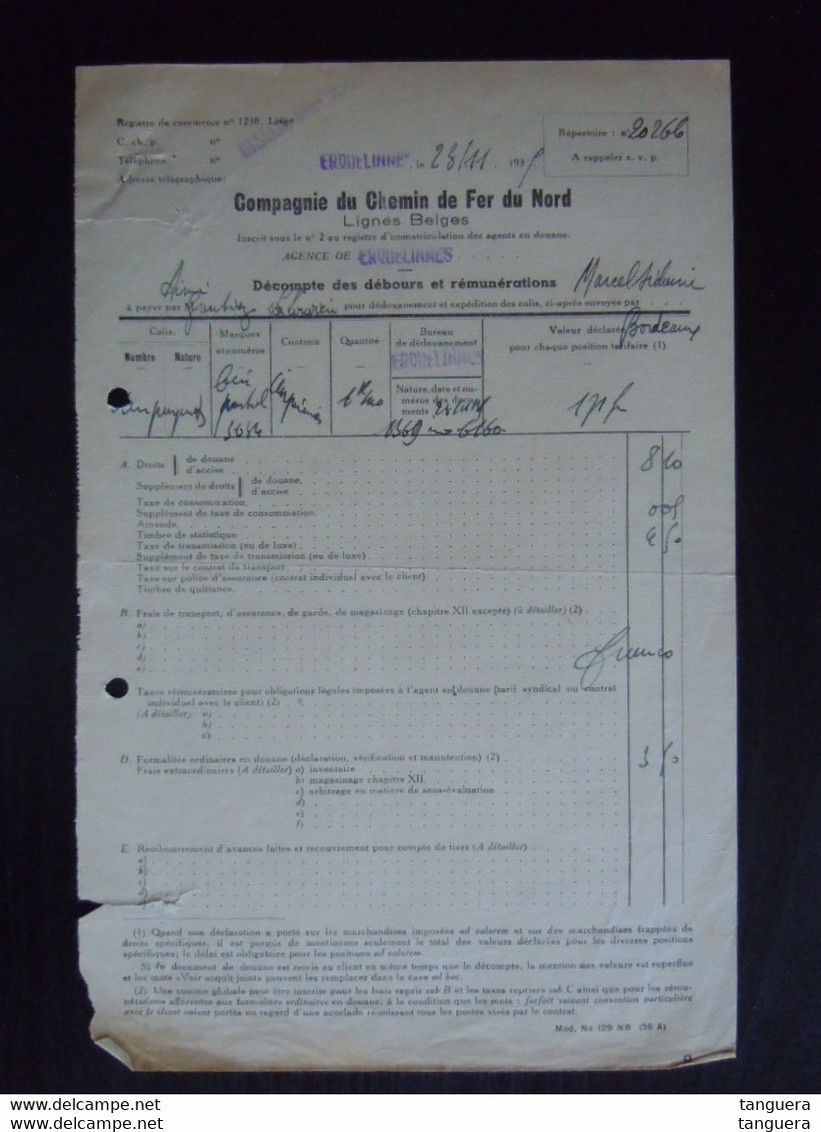 1939 Facture Compagnie Du Chemin De Fer Du Nord Lignes Belges Erquelinnes Droits De Douane La Louvière - Transportmiddelen
