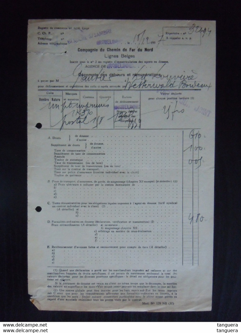 1937 Facture Compagnie Du Chemin De Fer Du Nord Lignes Belges Erquelinnes Droits De Douane - Transportmiddelen