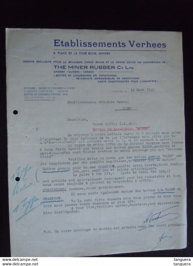 1947 Ets Verhees Anvers Agents De The Miner Rubber Cy Quebec Bottes Et Chaussures En Caoutchouc Lettre Pour Mons - Textile & Clothing