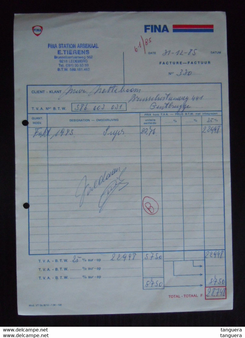 1985 Faktuur Fina Station Ledeberg - Transports