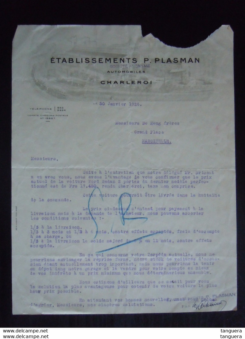 1926 Ets P. Plasman Automobiles Charleroi Lettre Offre Voiture Ford Sedan Pour Marcinelle - Auto's