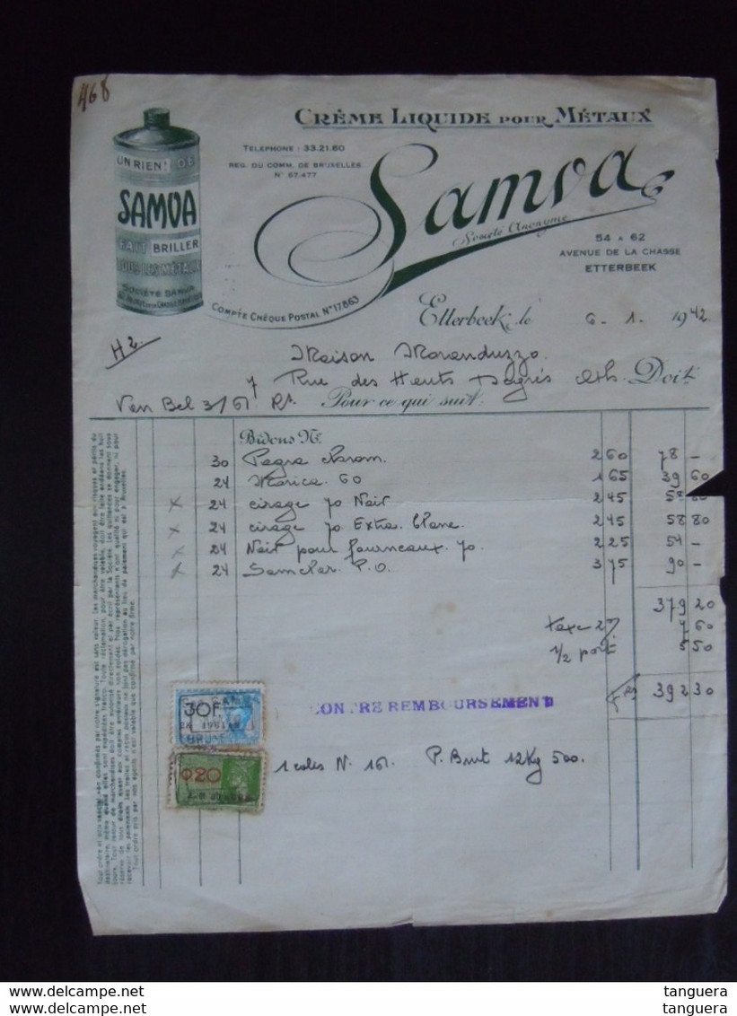 Facture 1942 Crême Liquide Pour Métaux SAMVA Etterbeek Pour Maison Moranduzzo Ath - Chemist's (drugstore) & Perfumery