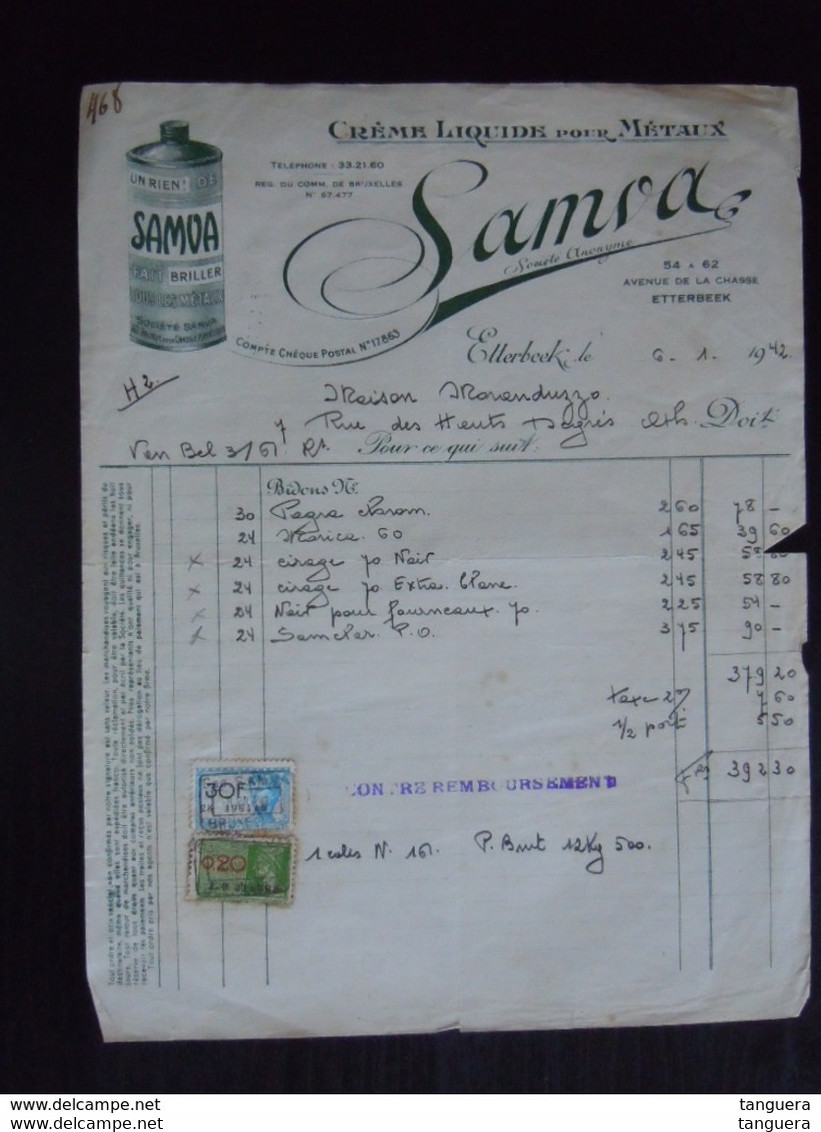 Facture 1942 Crême Liquide Pour Métaux SAMVA Etterbeek Pour Maison Moranduzzo Ath - Profumeria & Drogheria