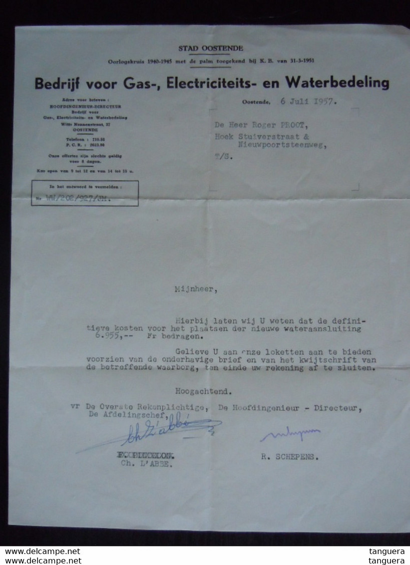 1957 Stad Oostende Bedrijf Voor Gas-, Electriciteits- En Waterbedeling Faktuur Nieuwe Wateraansluiting - Elektrizität & Gas