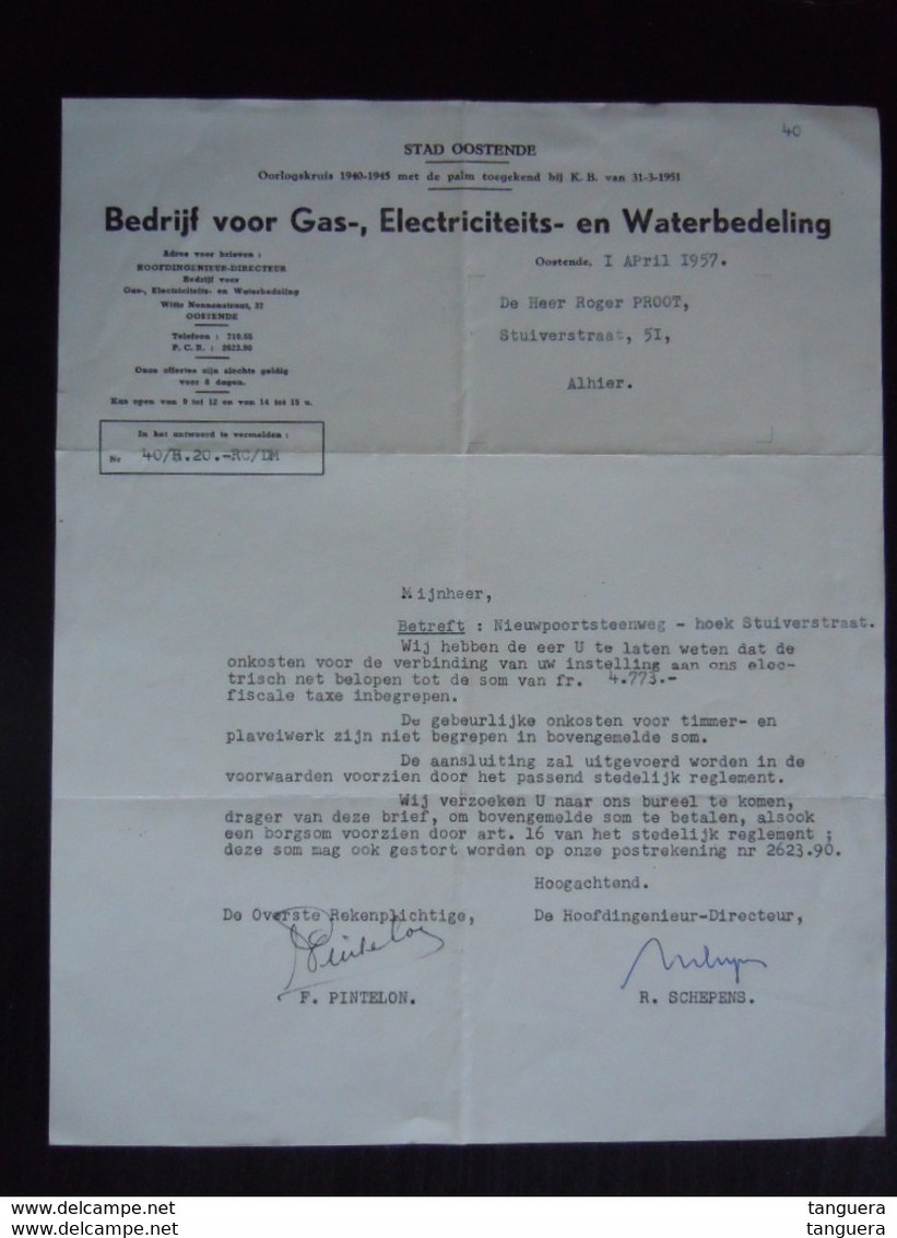 1957 Stad Oostende Bedrijf Voor Gas-, Electriciteits- En Waterbedeling Faktuur Aansluiting Electriciteit - Electricity & Gas