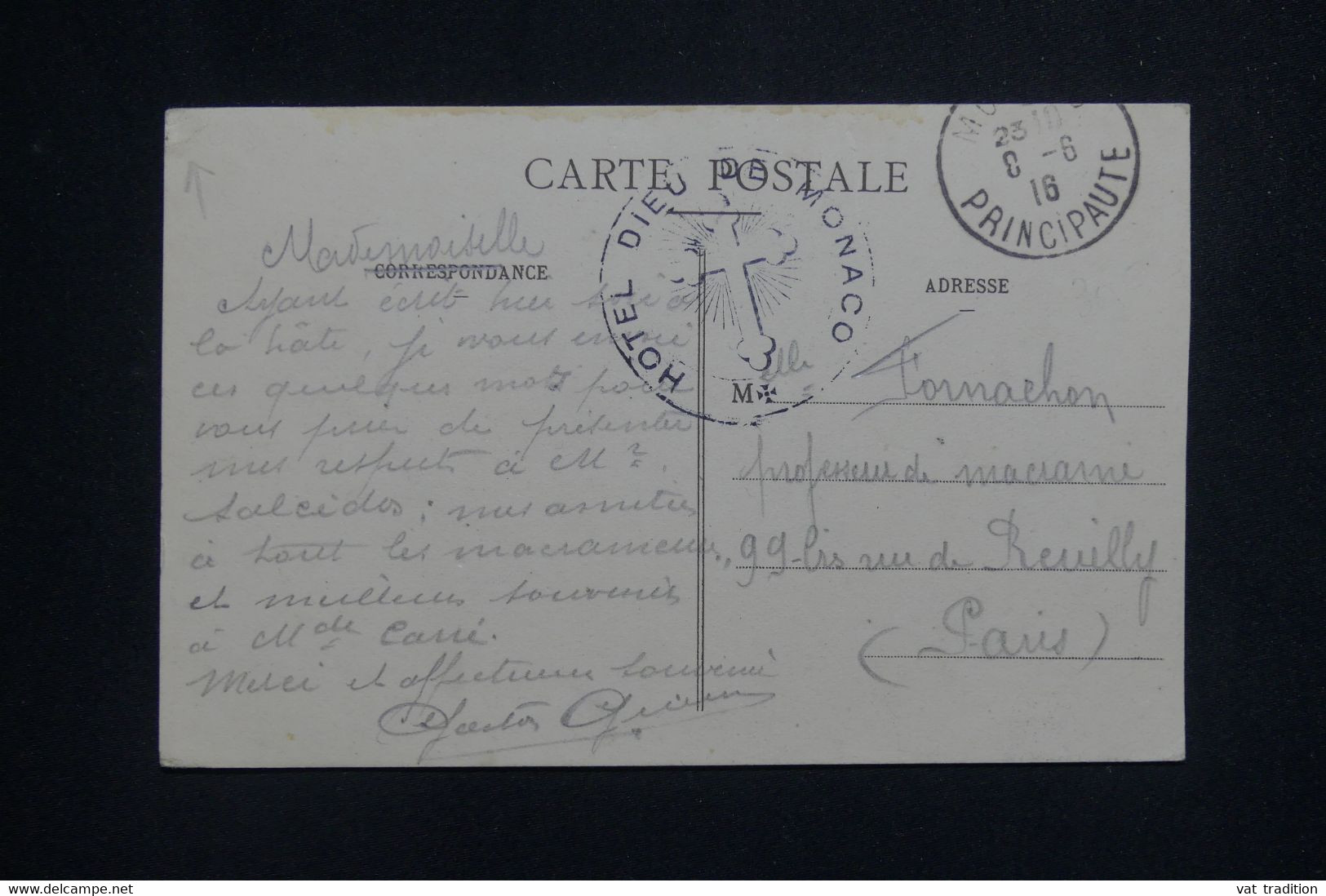 MONACO - Cachet De L'Hôtel Dieu De Monaco Sur Carte Postale En 1916 Pour Paris  - L 132597 - Covers & Documents