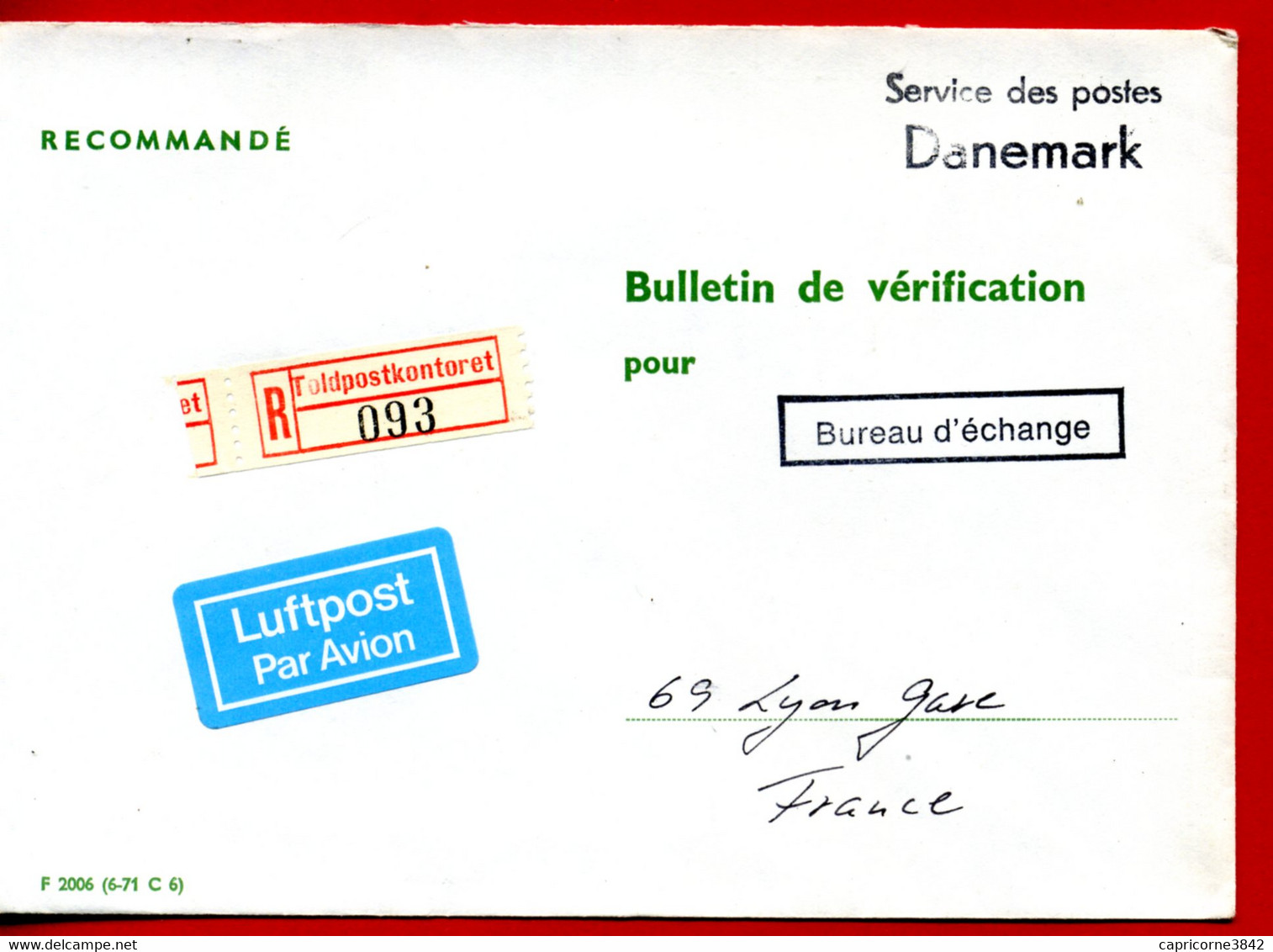 Lettre Recommandée Pour La France - Cachet "SERVICE DES POSTES DANEMARK" Et "BUREAU D'ECHANGE" - Franking Machines (EMA)