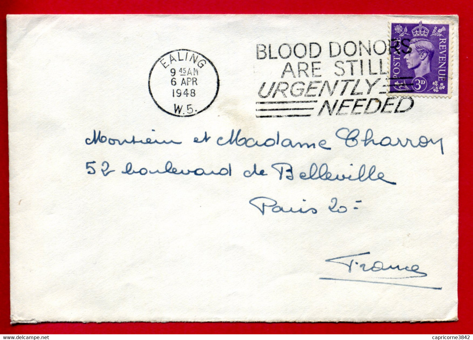 1948 - De EARLING Pour Paris - BLOOD DONORS ...NEEDED - LES DONNEURS DE SANG …. DE TOUTE URGENCE" - Tp N° 214 - Briefe U. Dokumente