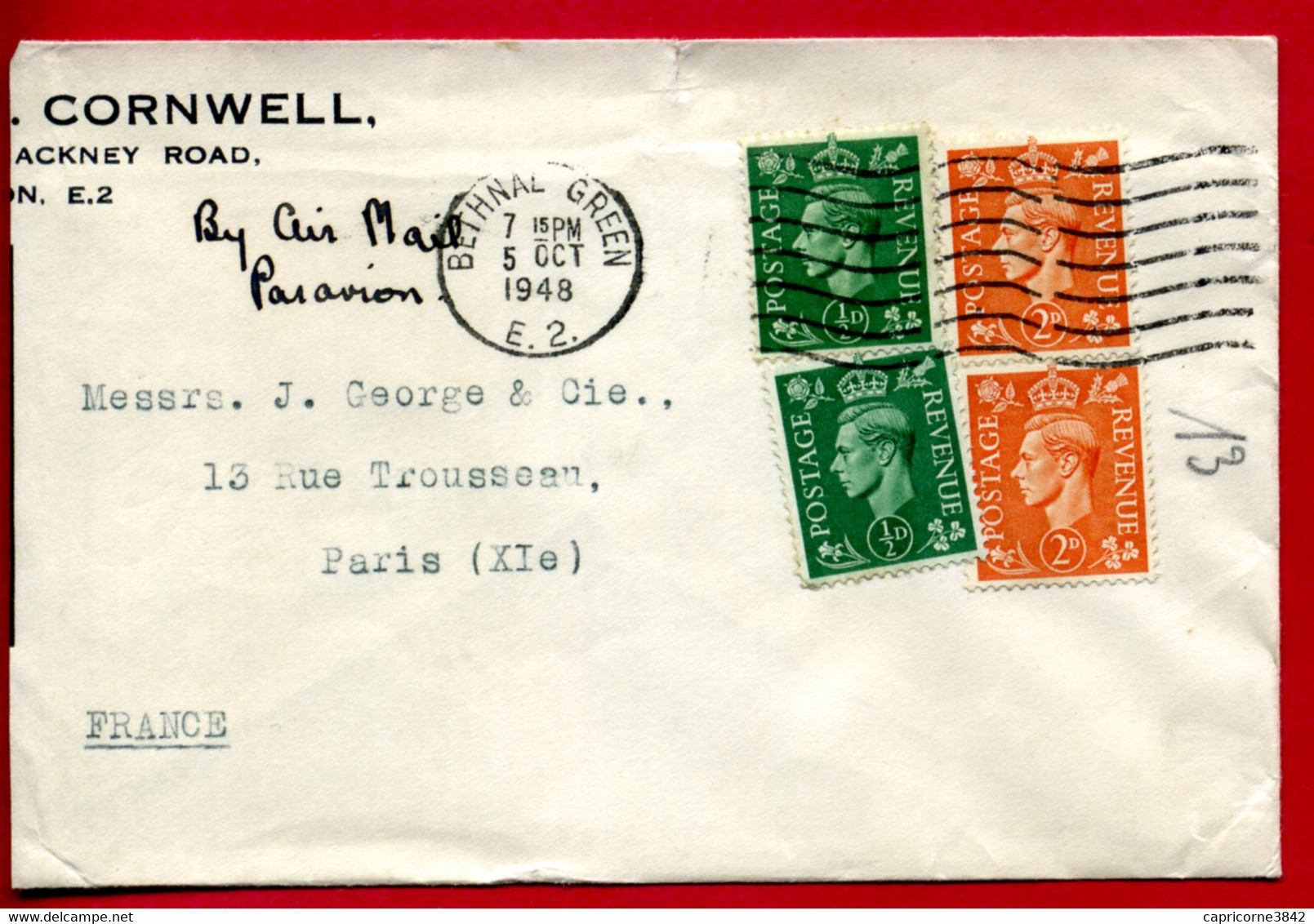 1948 - Lettre De BETHNAL GREEN Pour Paris - Tp Georges VI N° 209 Et 212 - Storia Postale