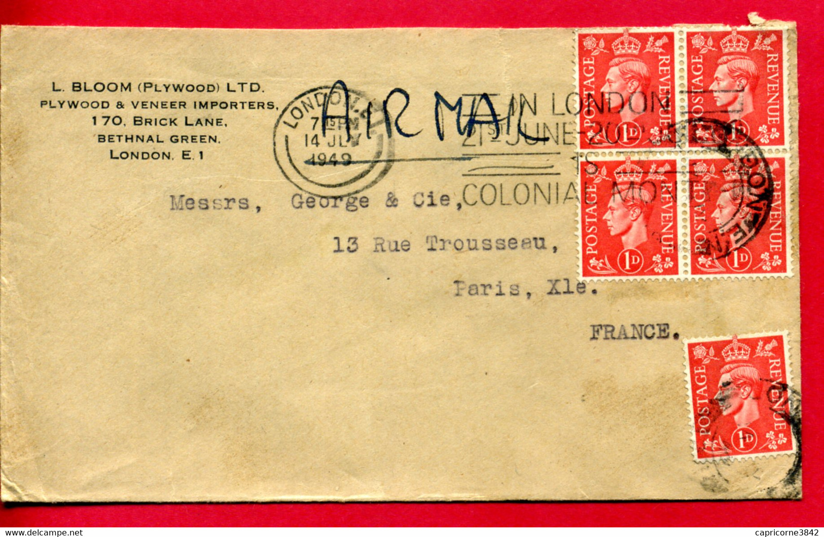 1949 - Lettre De Londres Pour Paris -5 Tp Georges VI N° 210 - Briefe U. Dokumente