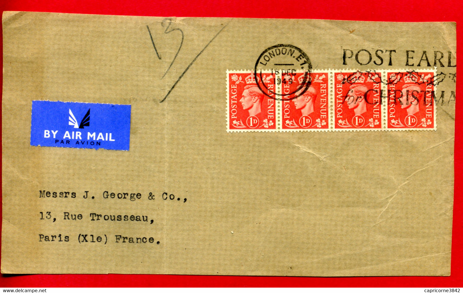 1949 - Lettre De Londres Pour Paris -4 Tp Georges VI N° 210  - Devant D'enveloppe - Only Front Of Envelope - Storia Postale
